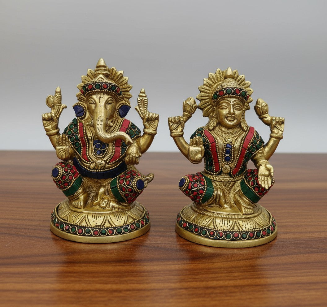 brass with stone work lakshmi ganesh statue for home temple/ housewarming/ gift item