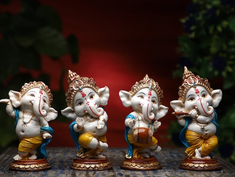 Resin Colorful Dancing Ganesh Set of 4 Pieces for Home Decor/showpiece/Gift Item