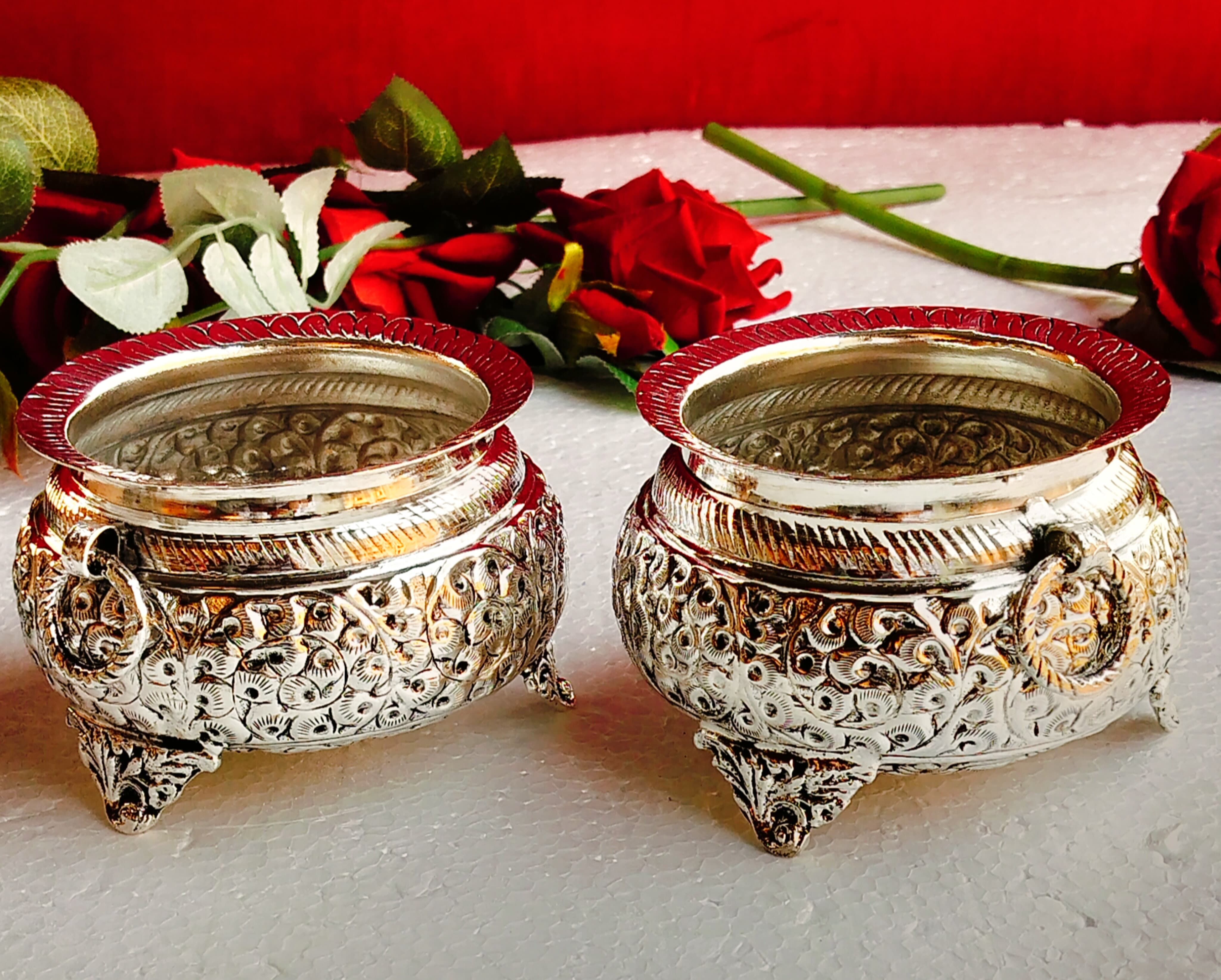 German silver set of 2 antique finish new mini urli bowl with both side kada/rings