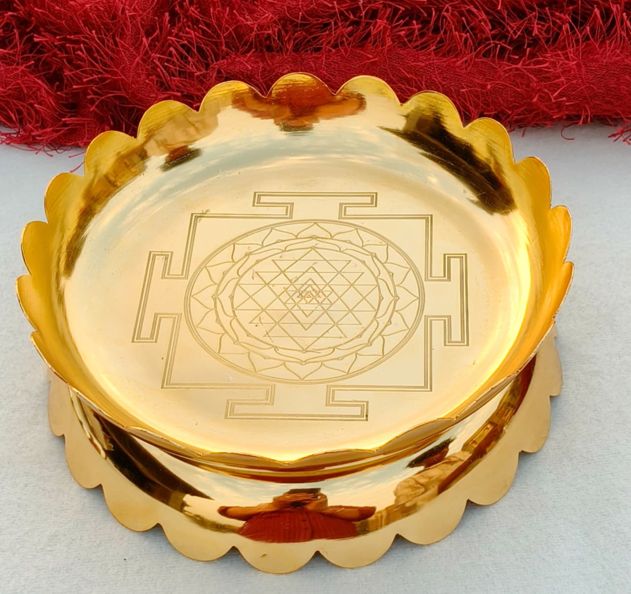 German Silver Shree Yantra Engraved Abhishekam Lotus Urli Taman stand  – Sacred Pooja & Festive Décor, gold