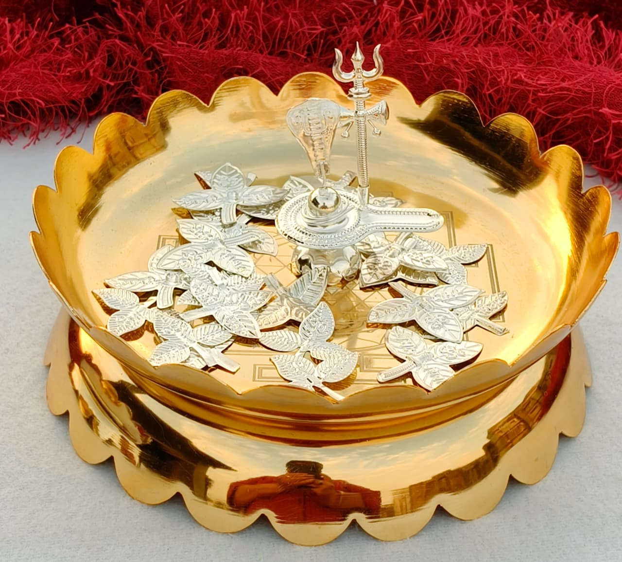 German Silver Shree Yantra Engraved Abhishekam Lotus Urli Taman stand  – Sacred Pooja & Festive Décor, gold