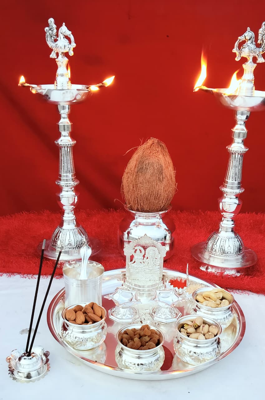 German Silver Full Pooja Thali Set – Complete Varalakshmi Puja Essentials for Rituals & Festive Décor