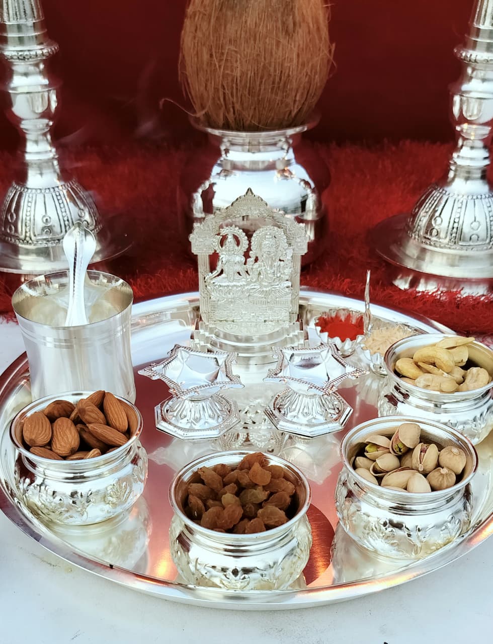 German Silver Full Pooja Thali Set with velevt box – Complete Varalakshmi Puja Essentials for Rituals & Festive Décor