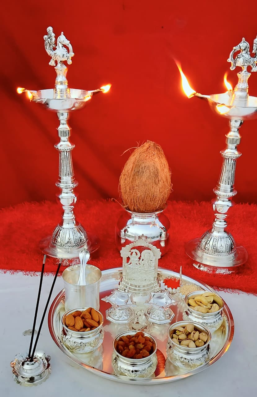German Silver Full Pooja Thali Set – Complete Varalakshmi Puja Essentials for Rituals & Festive Décor