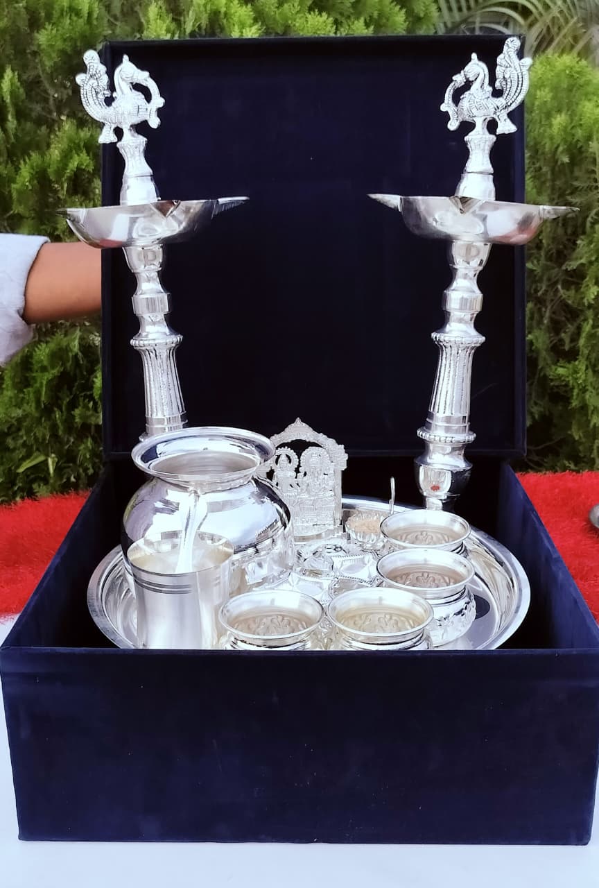 German Silver Full Pooja Thali Set with velevt box – Complete Varalakshmi Puja Essentials for Rituals & Festive Décor