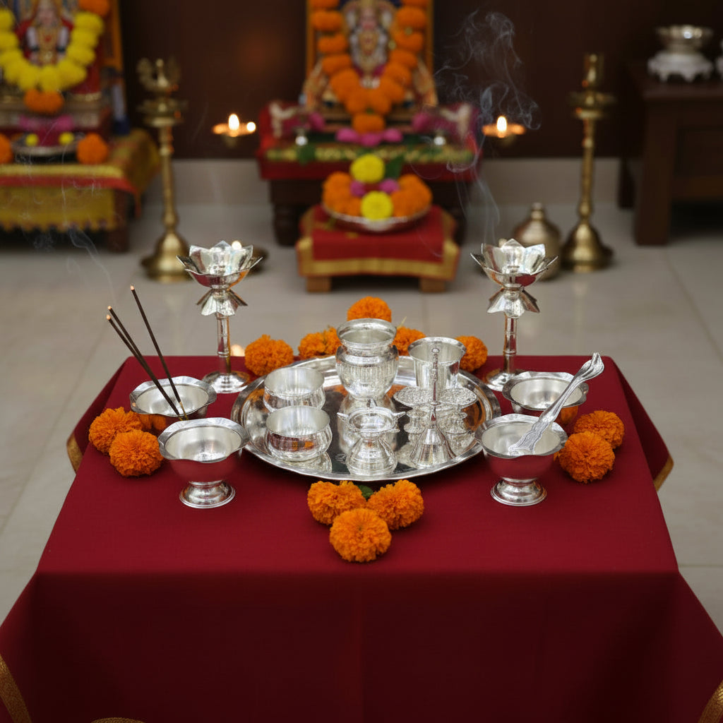 German Silver Pooja Thali Set – Complete Varalakshmi, Housewarming & Diwali Festival Essentials