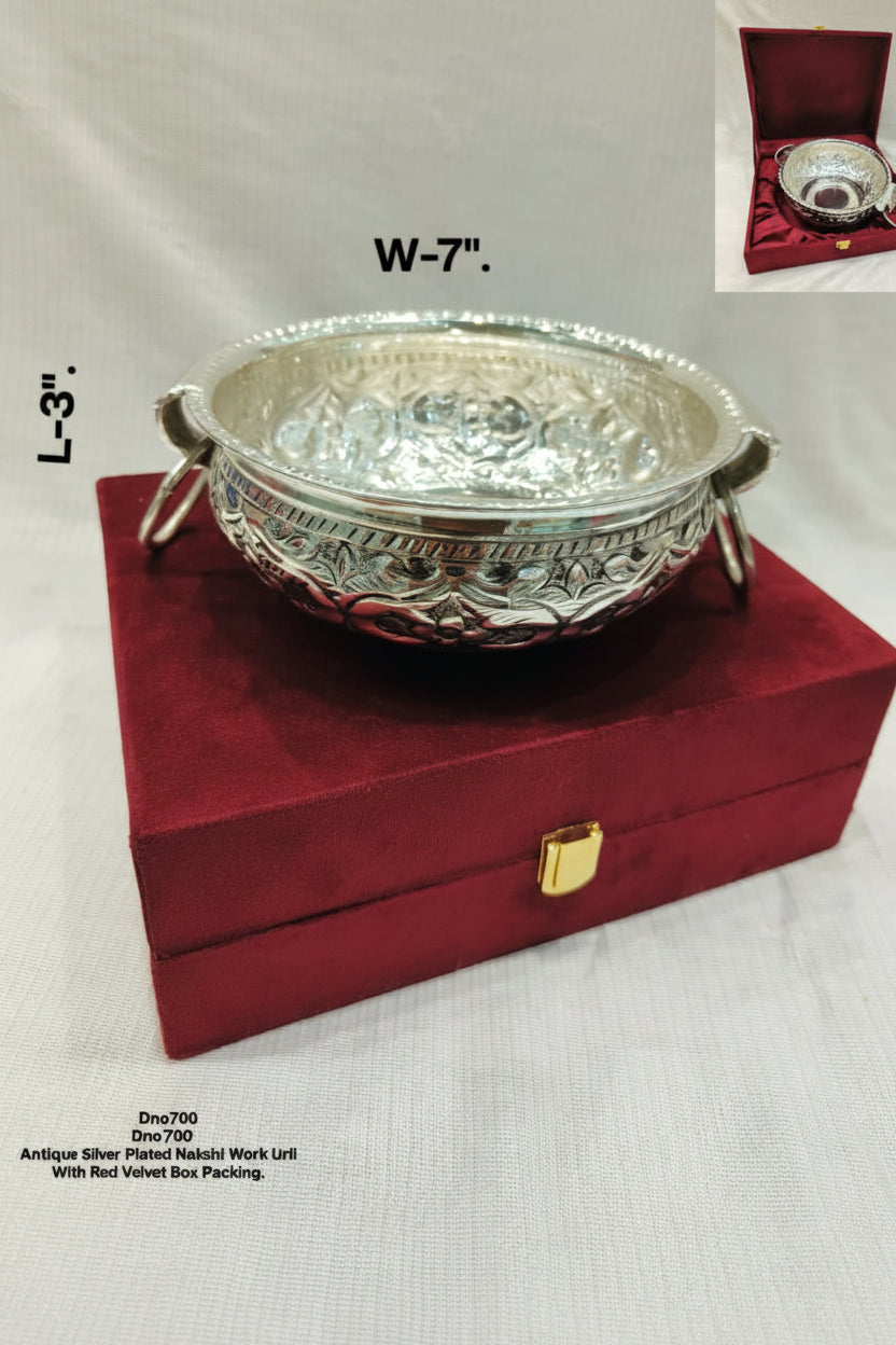 German Silver Fruit Bowl / Urli Bowl with Handle in Velvet Box – Elegant Pooja & Festive Gift