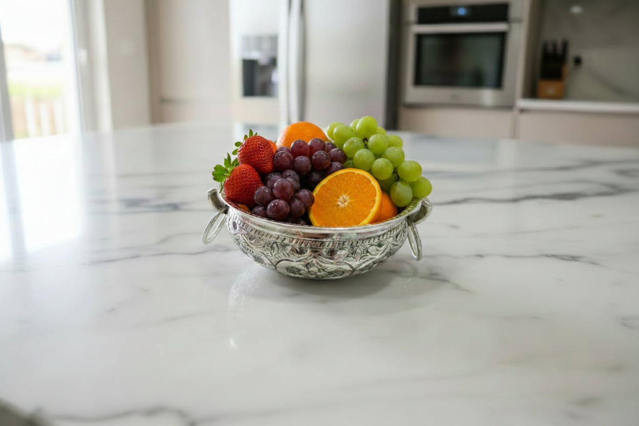 German Silver Fruit Bowl / Urli Bowl with Handle in Velvet Box – Elegant Pooja & Festive Gift