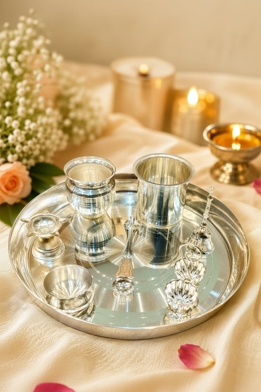 German Silver Pooja Thali Set – 8 Piece Ensemble for Varalakshmi Puja, Housewarming & Diwali Rituals