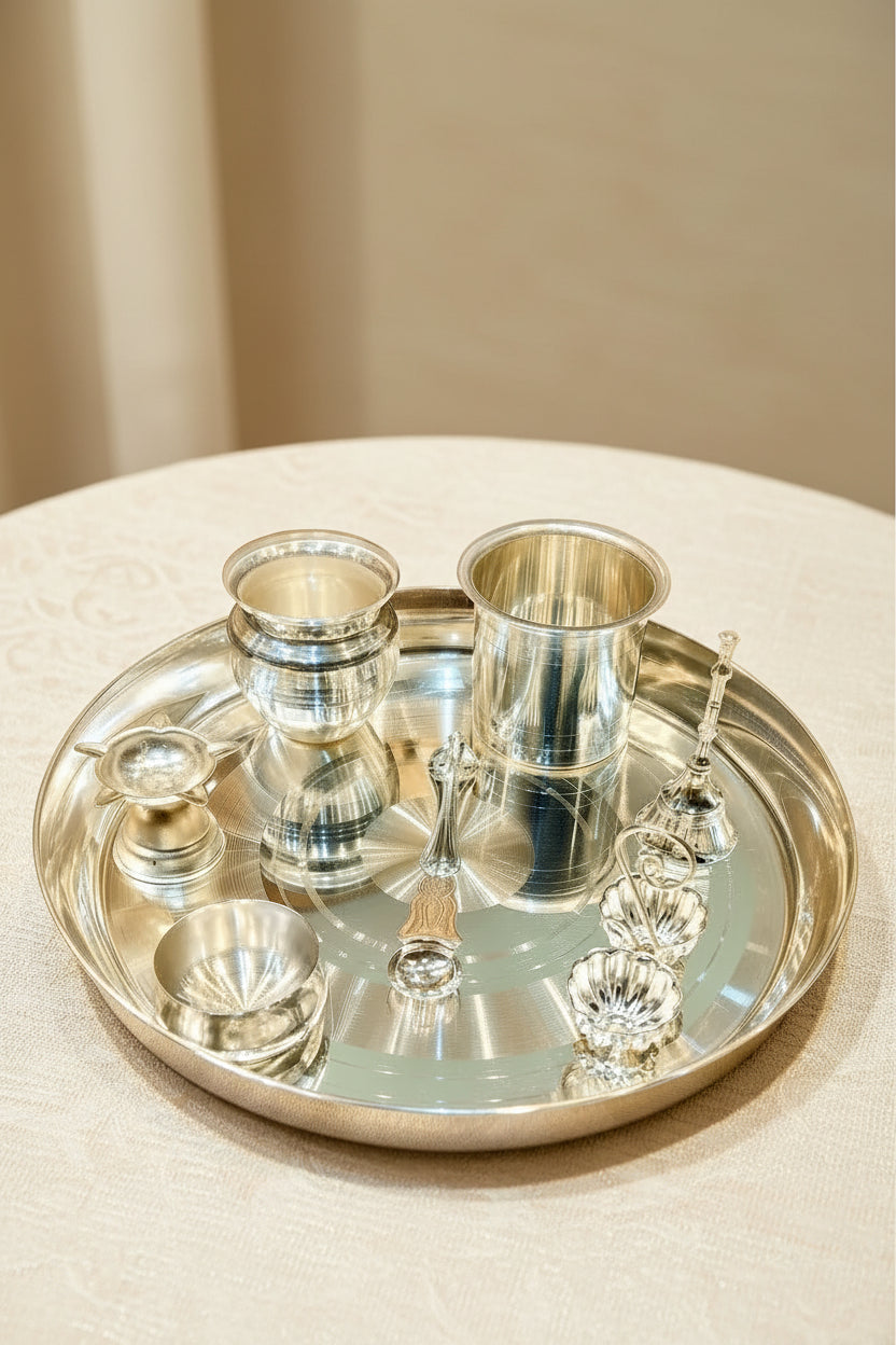 German Silver Pooja Thali Set – 8 Piece Ensemble for Varalakshmi Puja, Housewarming & Diwali Rituals