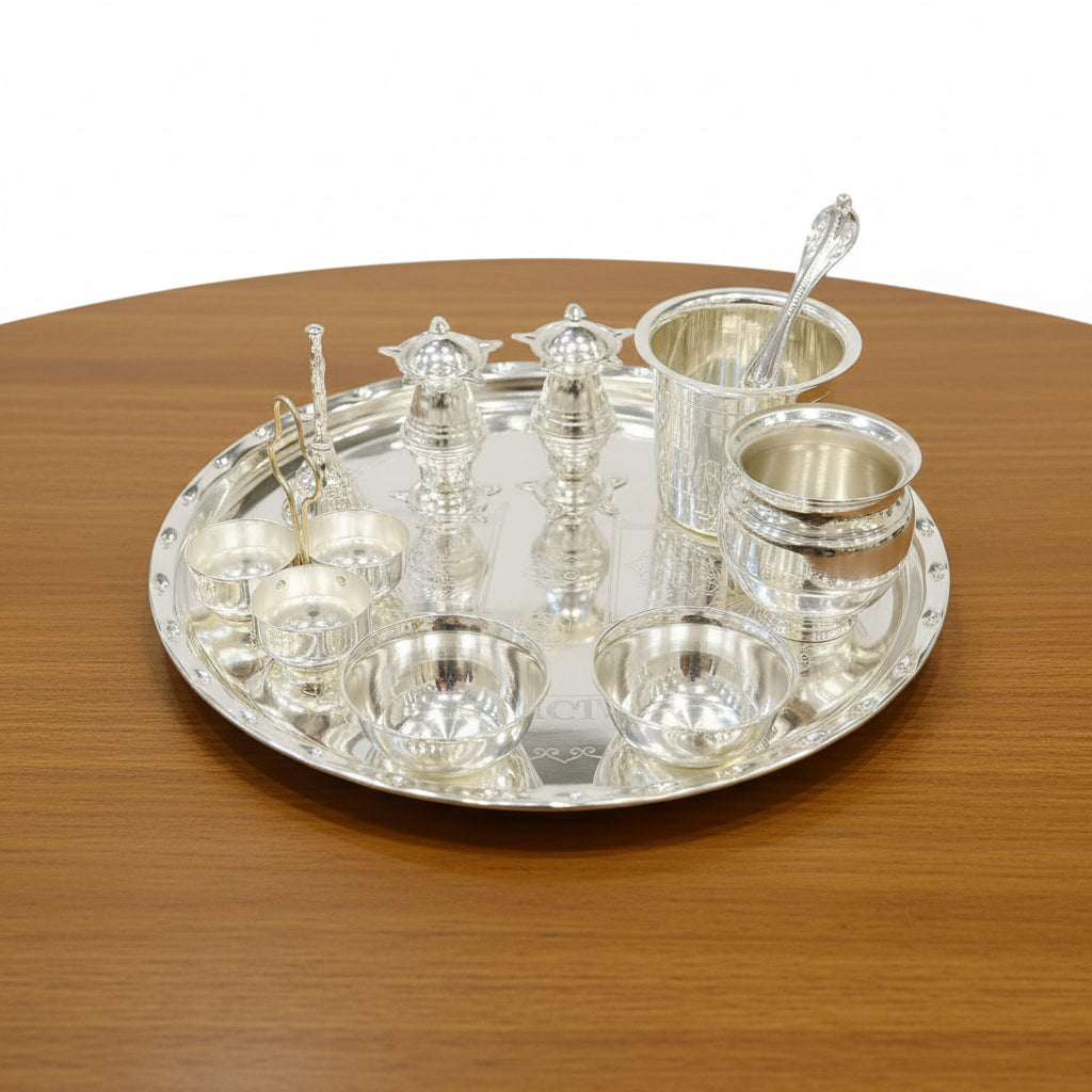 German Silver Pooja Thali Set – 10 Item Complete Ensemble for Varalakshmi Puja, Housewarming & Diwali Rituals