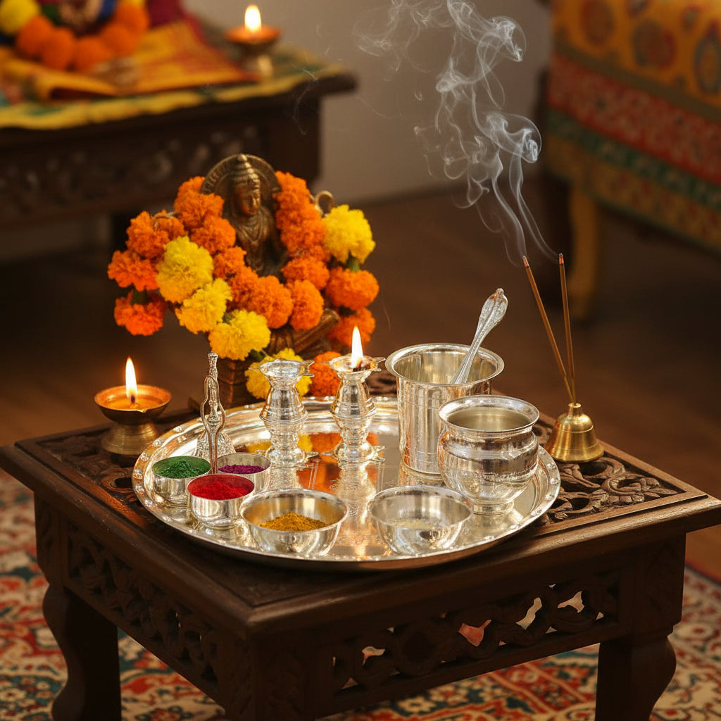 German Silver Pooja Thali Set – 10 Item Complete Ensemble for Varalakshmi Puja, Housewarming & Diwali Rituals