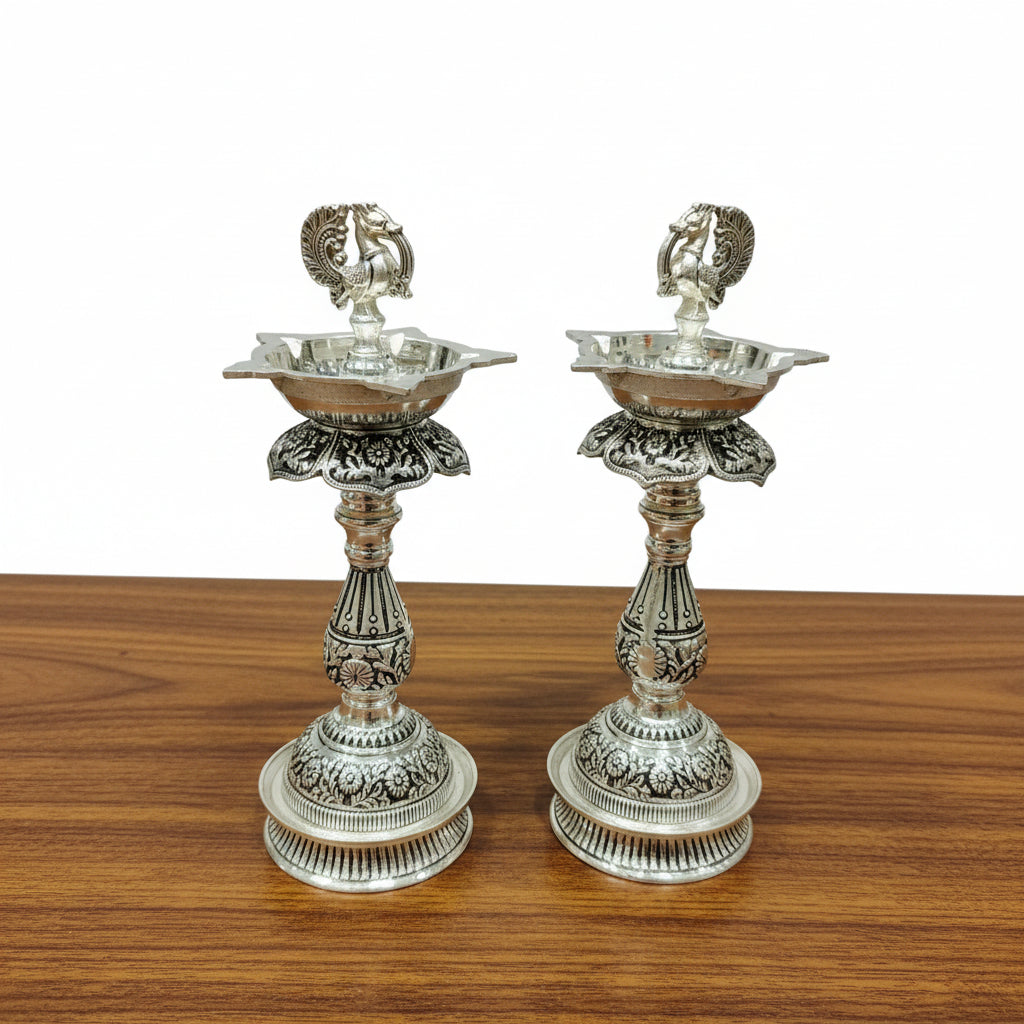 German Silver Antique Finish Peacock Diya Pair – With 2 Separate Velvet Gift Boxes for Pooja & Festive Décor