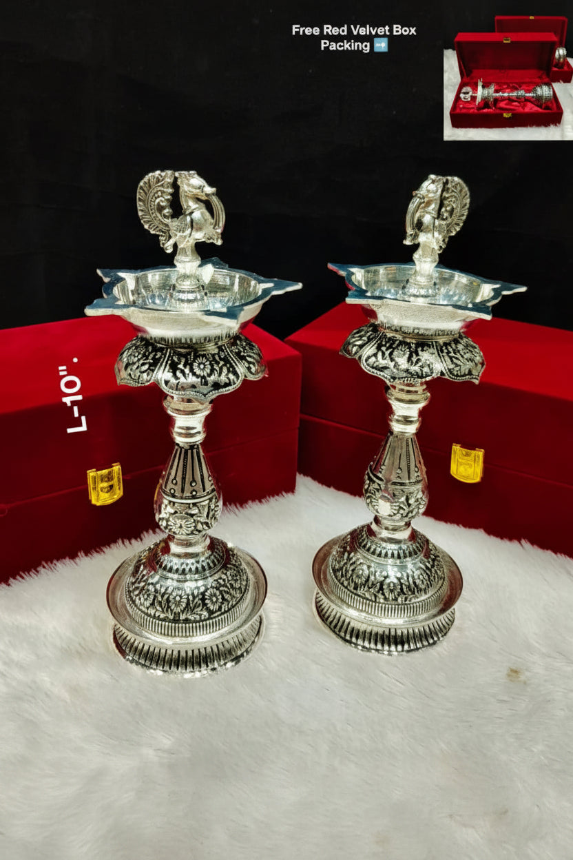 German Silver Antique Finish Peacock Diya Pair – With 2 Separate Velvet Gift Boxes for Pooja & Festive Décor