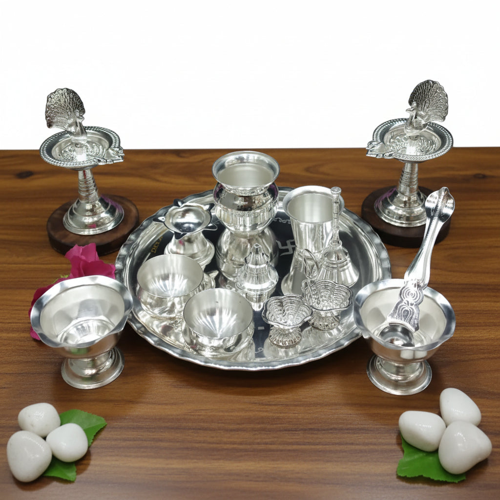 German Silver Pooja Thali Set – 14 Piece Complete Ensemble for Varalakshmi Puja, Housewarming & Diwali Rituals