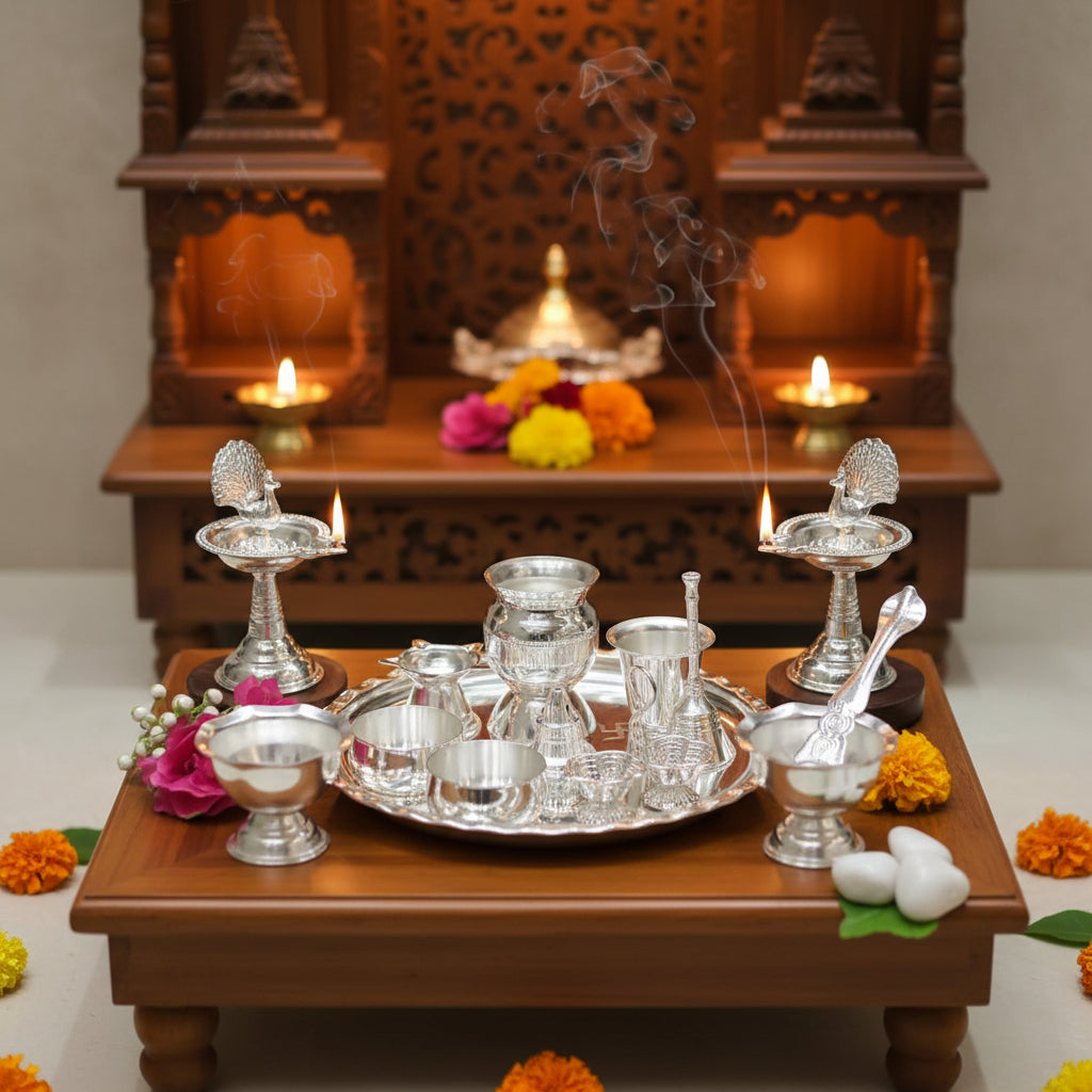 German Silver Pooja Thali Set – 14 Piece Complete Ensemble for Varalakshmi Puja, Housewarming & Diwali Rituals