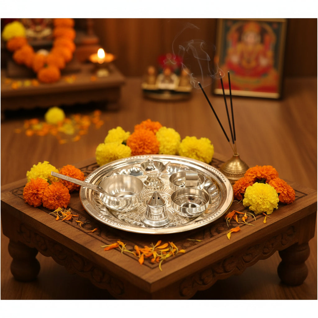 German Silver Pooja Thali Set – 6 Piece Ensemble for Varalakshmi Puja, Housewarming & Diwali Rituals