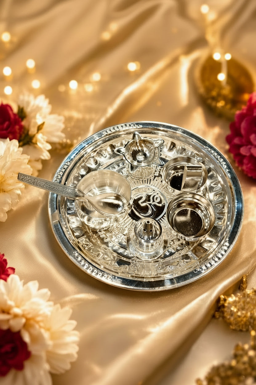 German Silver Pooja Thali Set – 6 Piece Ensemble for Varalakshmi Puja, Housewarming & Diwali Rituals