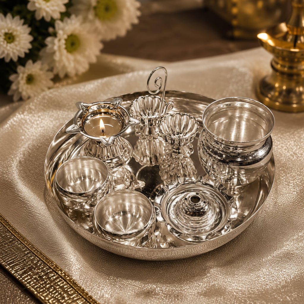 German Silver Pooja Thali Set – 7 Item Complete Ensemble for Varalakshmi Puja, Housewarming & Diwali Rituals