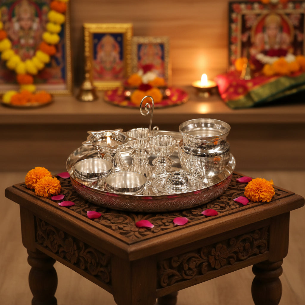 German Silver Pooja Thali Set – 7 Item Complete Ensemble for Varalakshmi Puja, Housewarming & Diwali Rituals