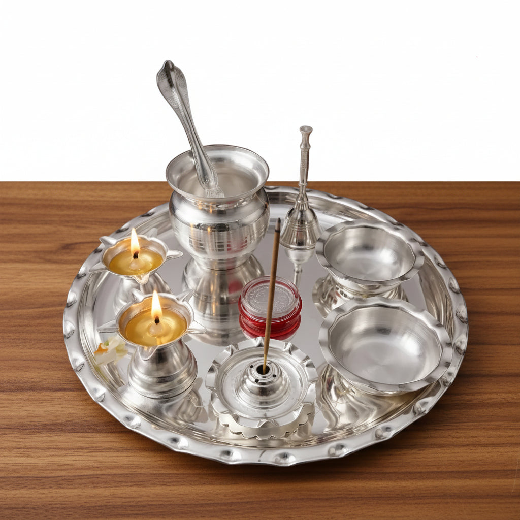 German Silver Pooja Thali Set – 10 Piece Complete Ensemble for Varalakshmi Puja, Housewarming & Diwali Rituals