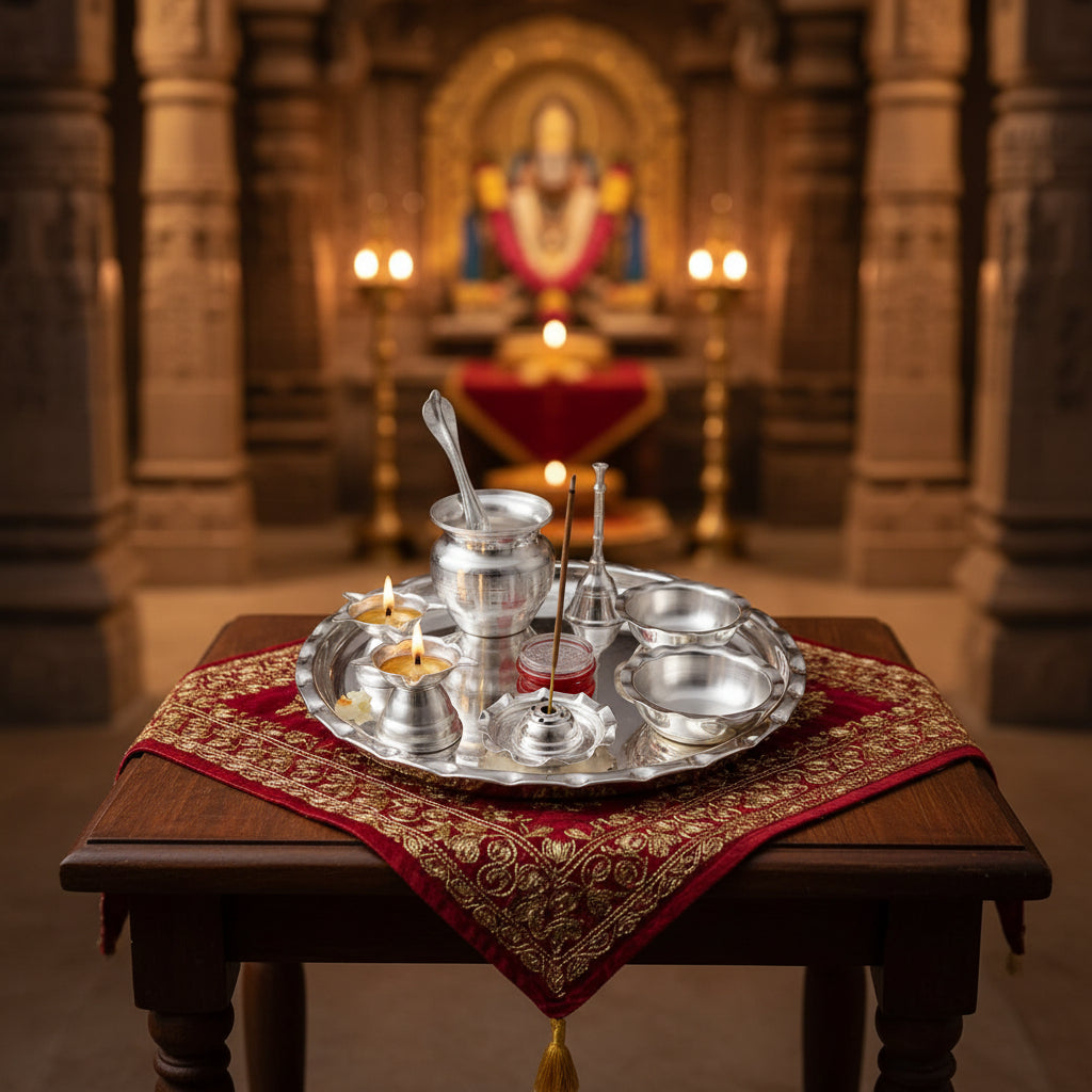 German Silver Pooja Thali Set – 10 Piece Complete Ensemble for Varalakshmi Puja, Housewarming & Diwali Rituals