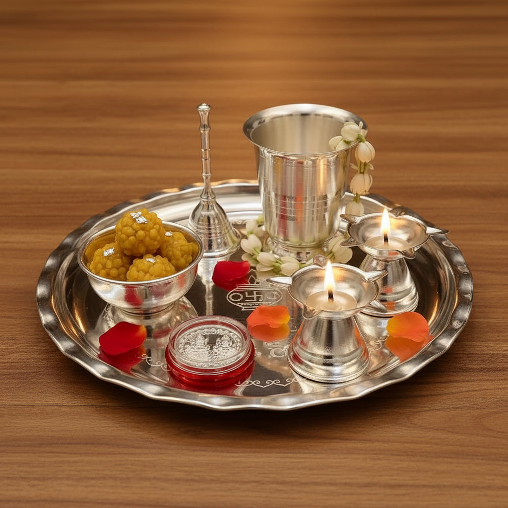 German Silver Pooja Thali Set – 7 Piece Ensemble for Varalakshmi Puja, Housewarming & Diwali Rituals