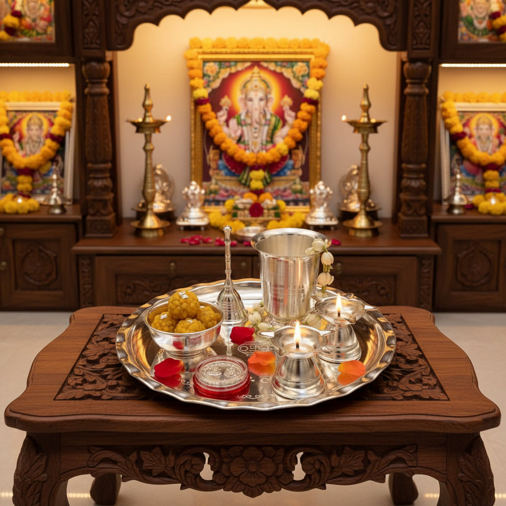 German Silver Pooja Thali Set – 7 Piece Ensemble for Varalakshmi Puja, Housewarming & Diwali Rituals