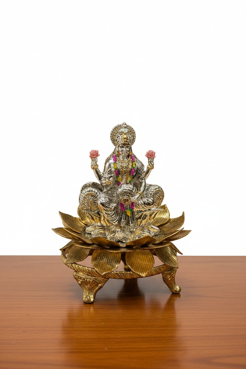 German Silver Golden Lotus with 3" Lakshmi Idol – Housewarming & Diwali Pooja Décor