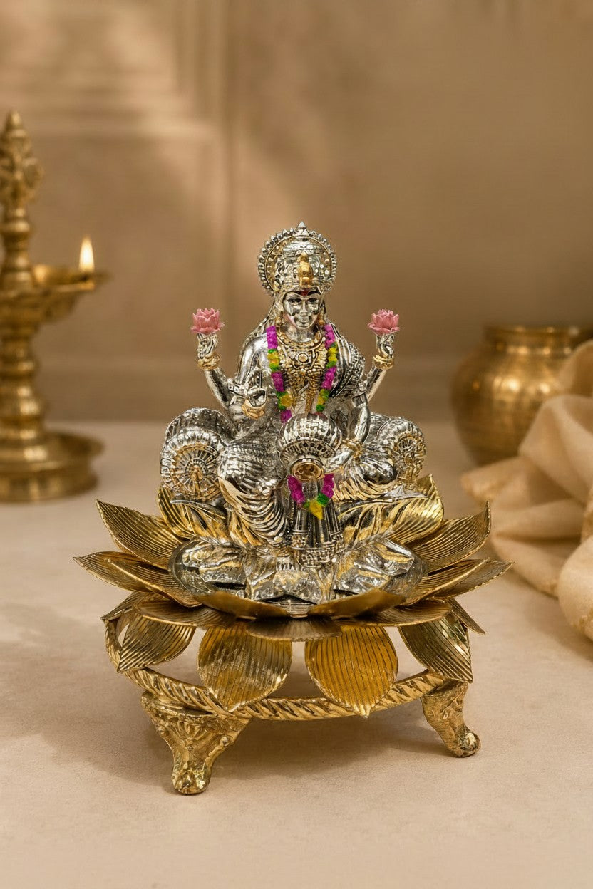 German Silver Golden Lotus with 3" Lakshmi Idol – Housewarming & Diwali Pooja Décor