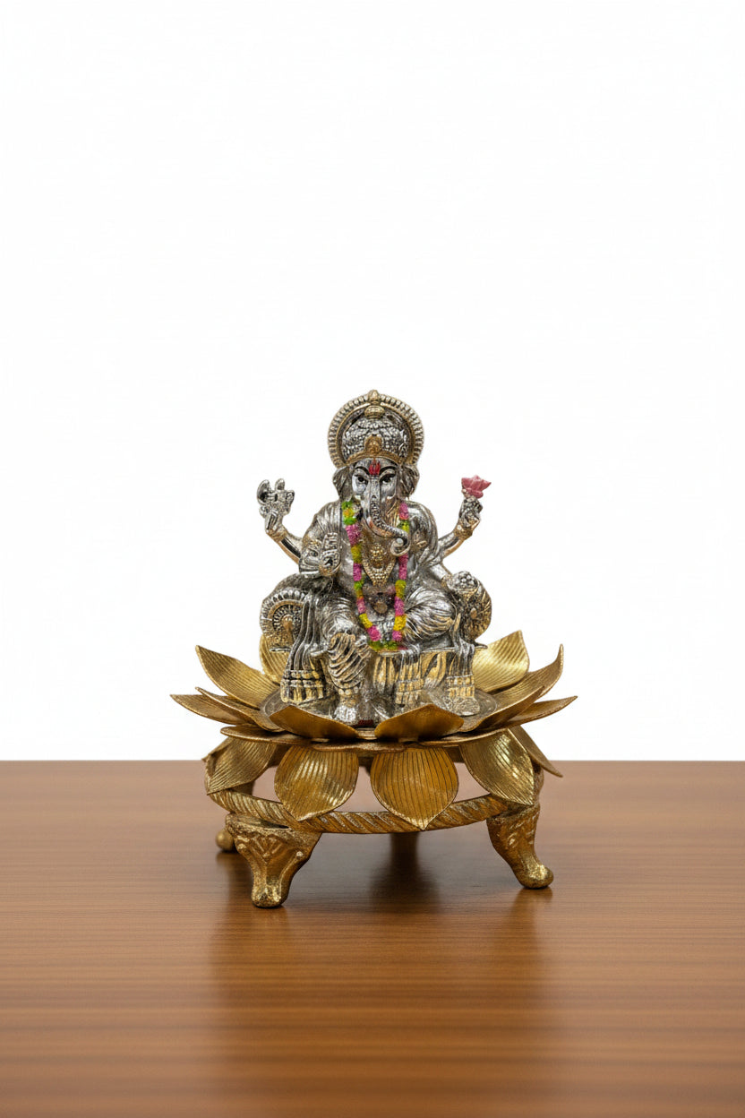 German Silver Golden Lotus with 3" ganesh Idol – Housewarming & Diwali Pooja Décor