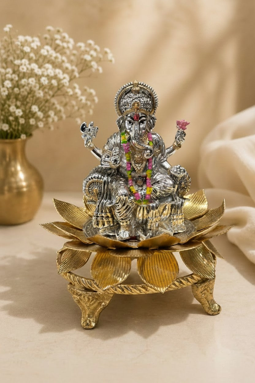 German Silver Golden Lotus with 3" ganesh Idol – Housewarming & Diwali Pooja Décor