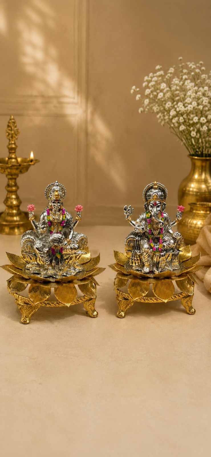 German Silver Golden Lotus with lakshmi ganesh Idol – Housewarming & Diwali Pooja Décor