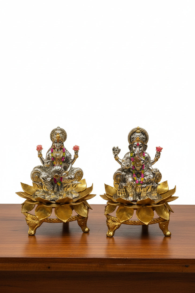 German Silver Golden Lotus with lakshmi ganesh Idol – Housewarming & Diwali Pooja Décor