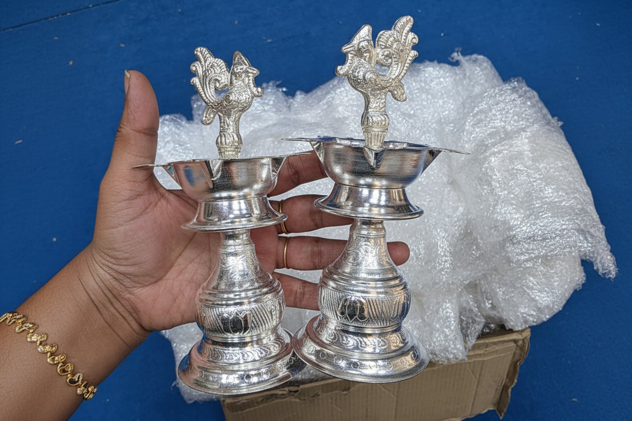German Silver Peacock Diya 6" – Elegant Pooja & Festive Décor