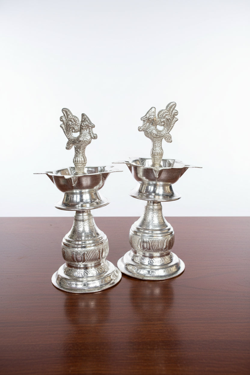 German Silver Peacock Diya 6" – Elegant Pooja & Festive Décor