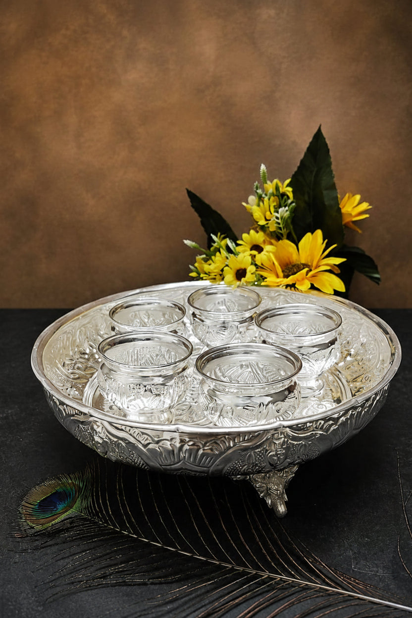 German Silver Lakshmi Tray with 5 Bowls – Pooja & Festive Décor Set