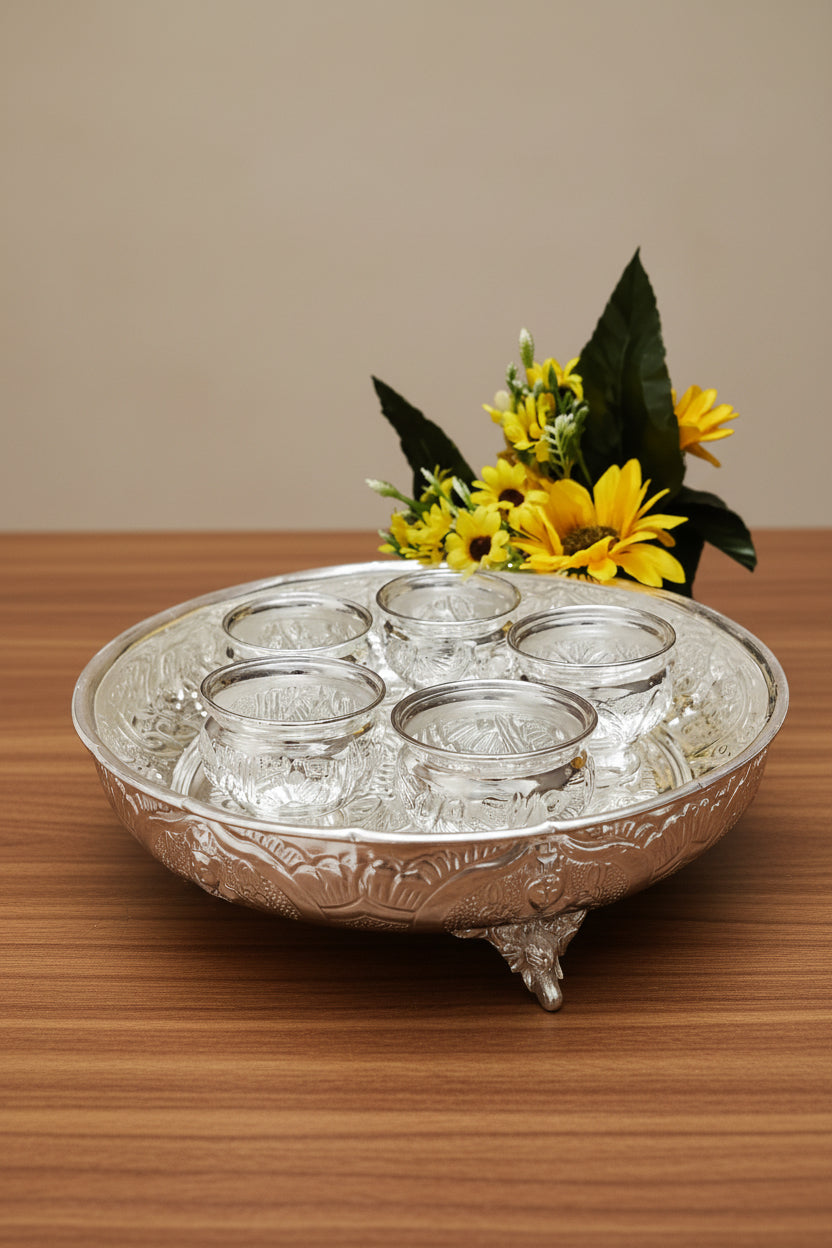 German Silver Lakshmi Tray with 5 Bowls – Pooja & Festive Décor Set