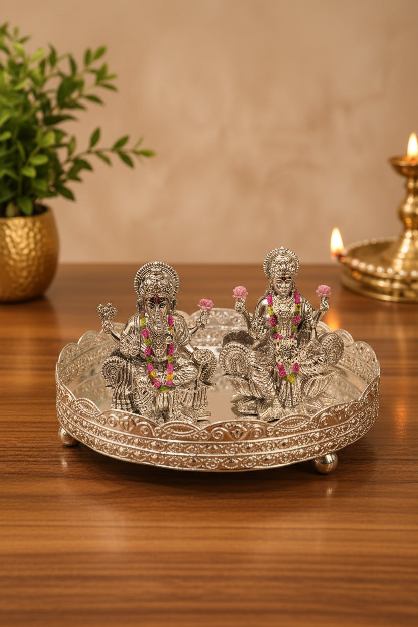 German Silver Tray with Lakshmi Ganesh Idol – Antique Finish