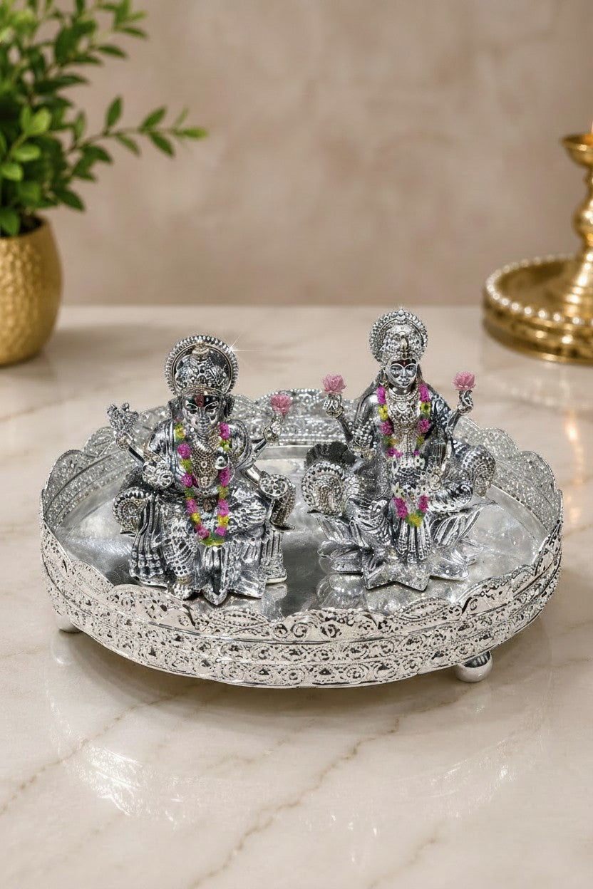 German Silver Tray with Lakshmi Ganesh Idol – Antique Finish