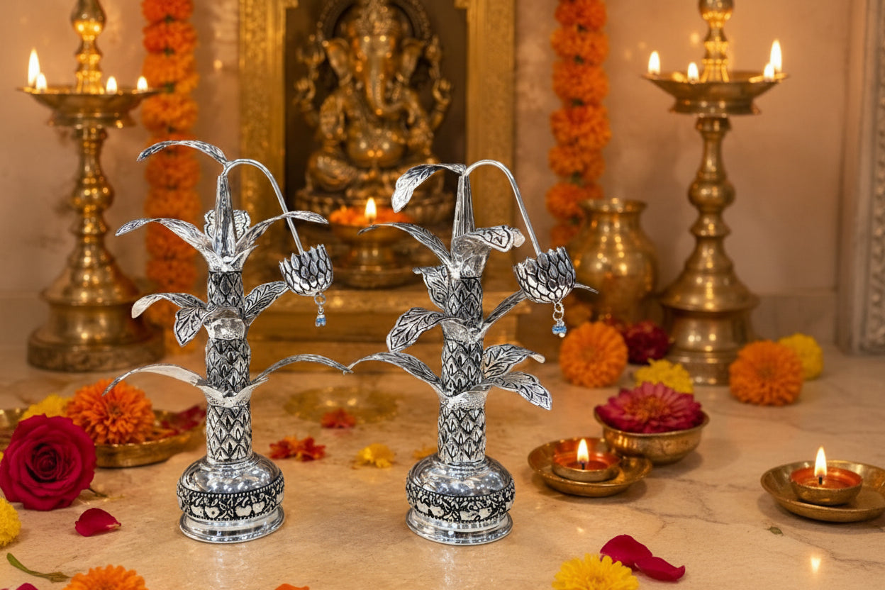 German Silver Antique Finish Banana Tree Pair – Auspicious Pooja & Festive Décor