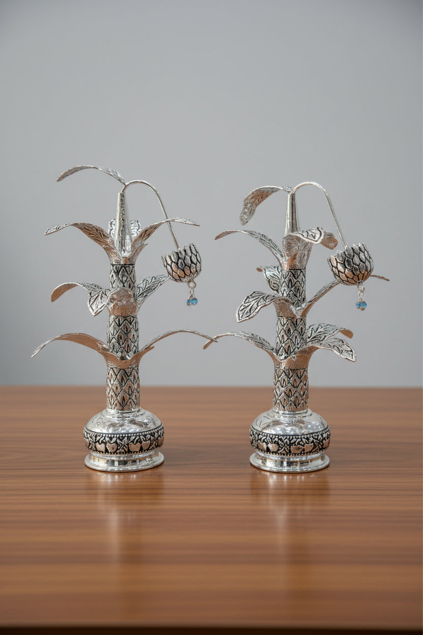 German Silver Antique Finish Banana Tree Pair – Auspicious Pooja & Festive Décor