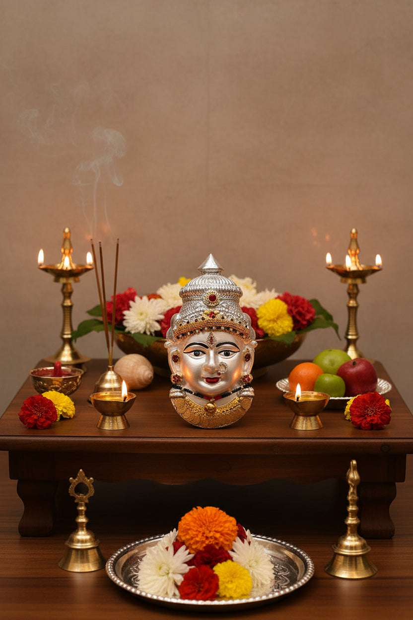 German Silver Lakshmi face 7" Stone Work | Varalakshmi Pooja
