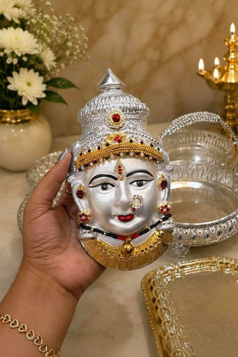 German Silver Lakshmi face 7" Stone Work | Varalakshmi Pooja