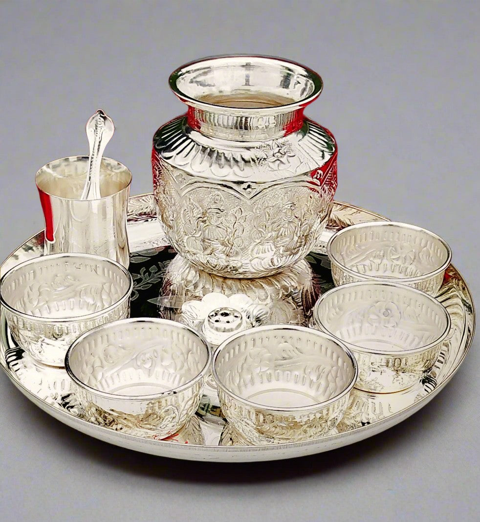 German Silver 9 Pieces Pooja Thali Set with Traditional Accessories | Puja Plate for Housewarming, Diwali Pooja, Festivals & Spiritual Gifting | Religious Gift Item