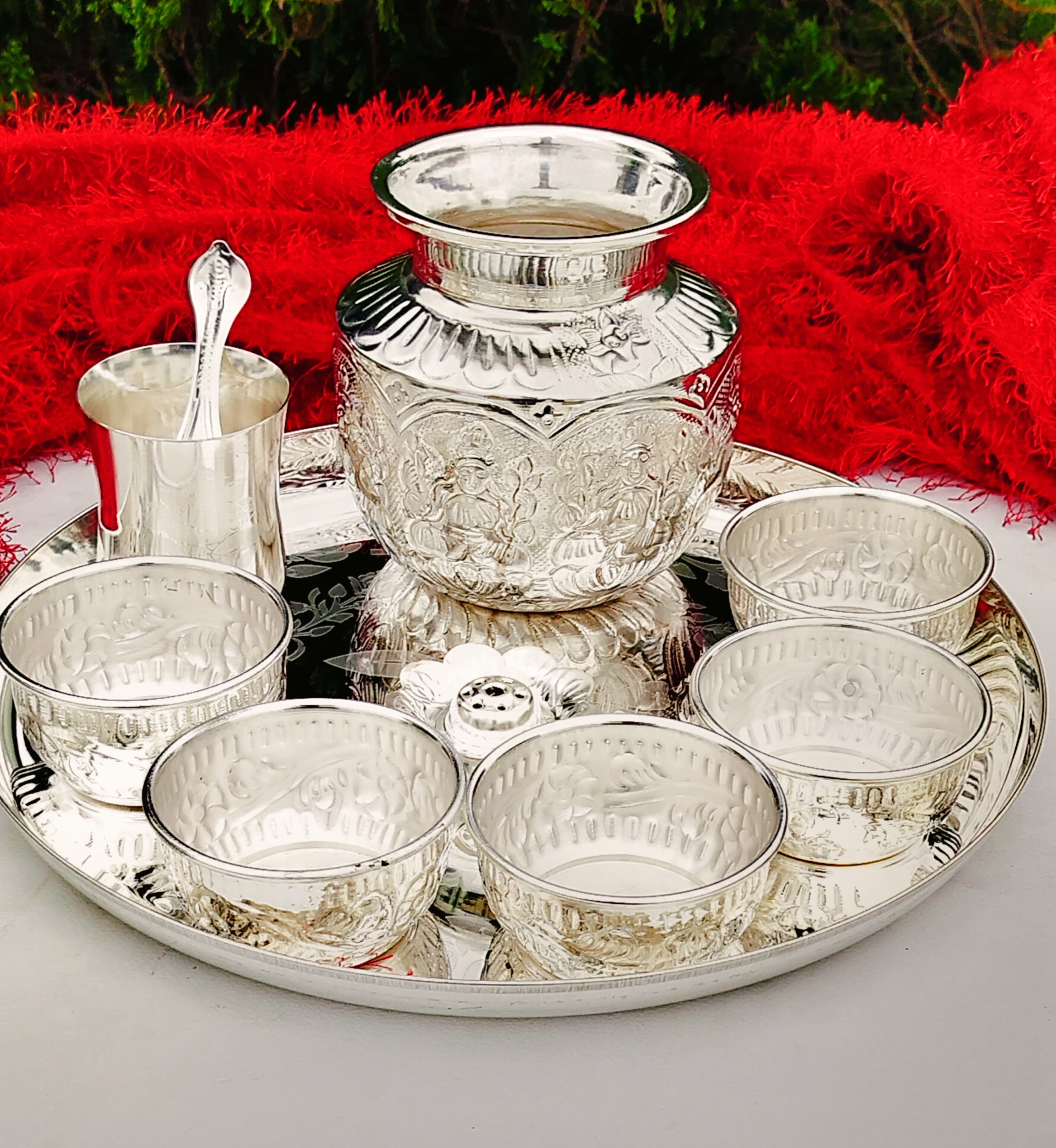 German Silver Pooja thali Set 9 Pieces