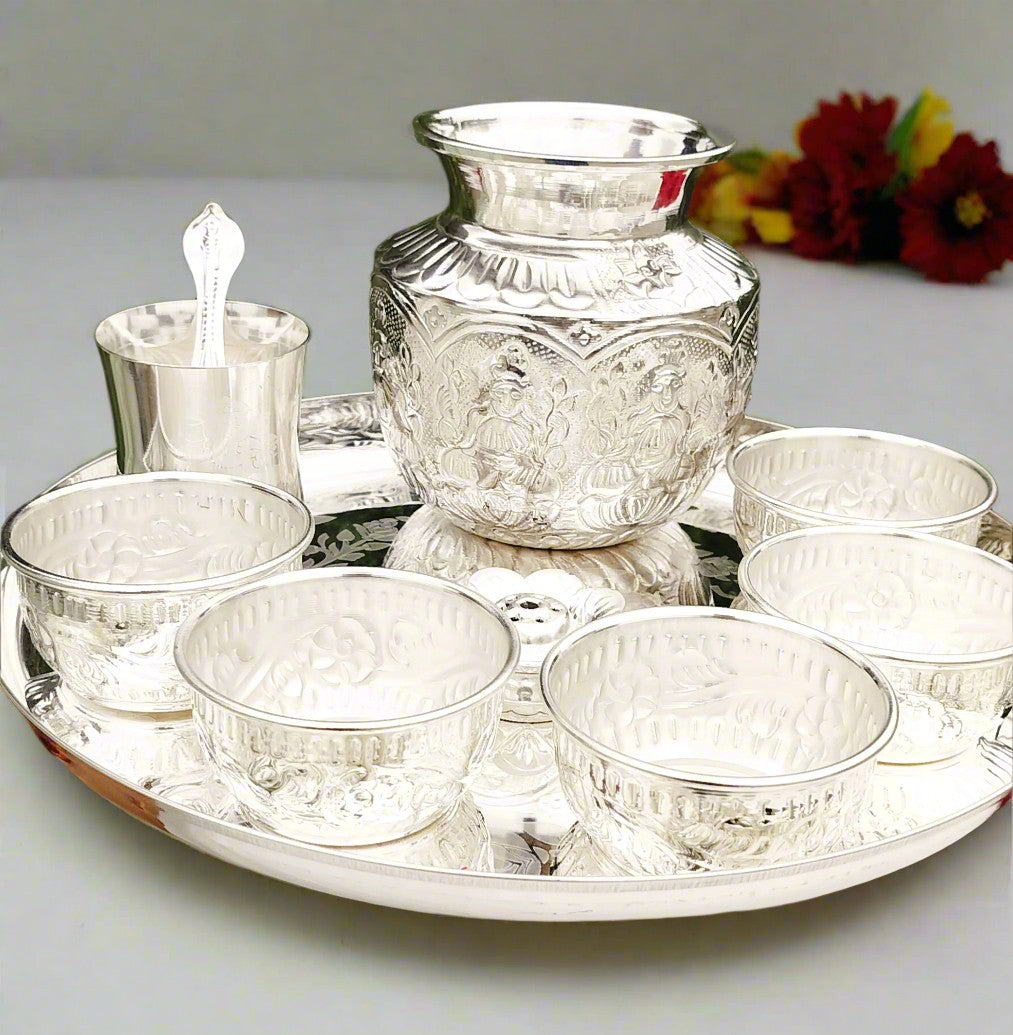 German Silver Pooja thali Set 9 Pieces
