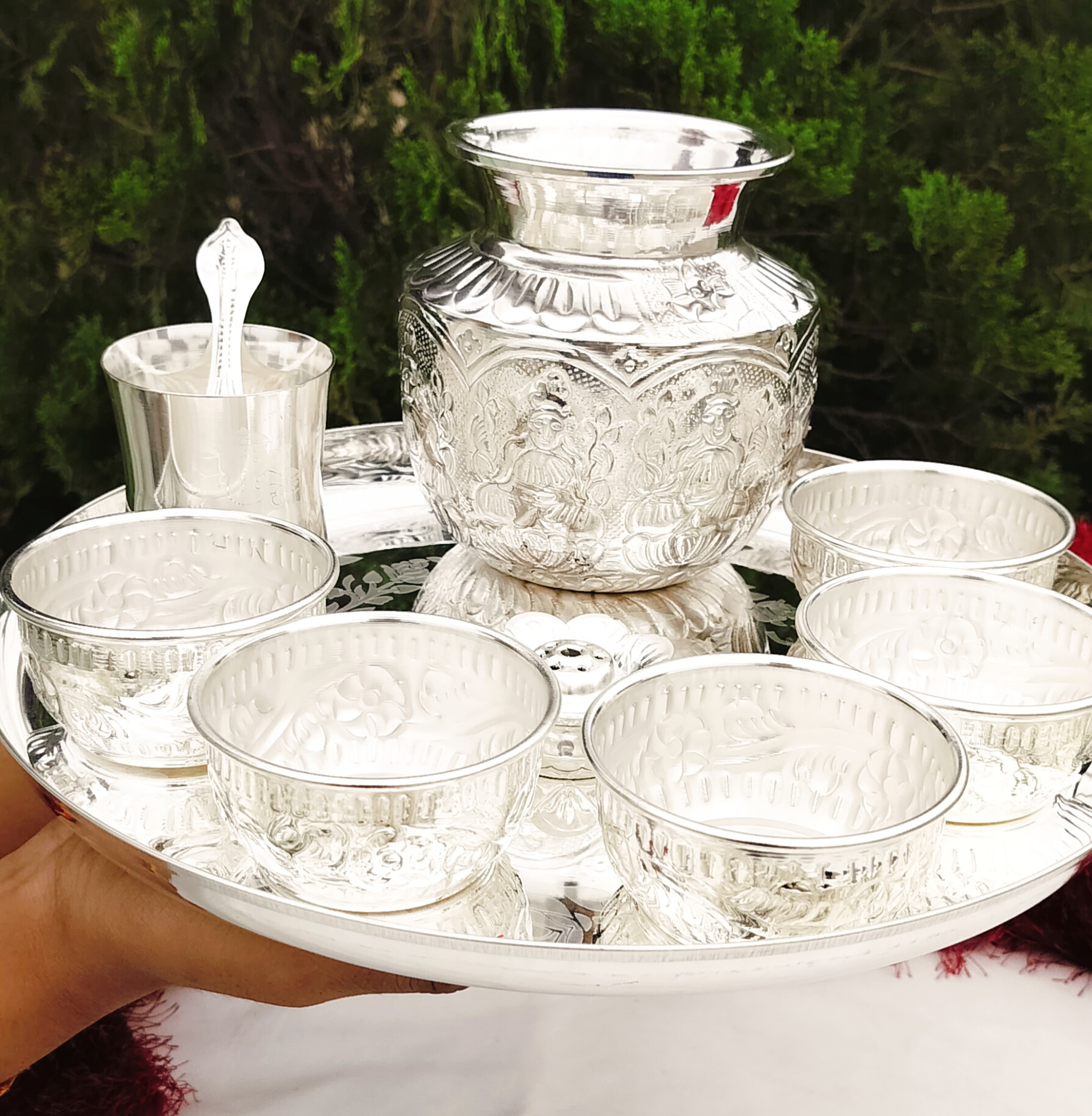 German Silver 9 Pieces Pooja Thali Set with Traditional Accessories | Puja Plate for Housewarming, Diwali Pooja, Festivals & Spiritual Gifting | Religious Gift Item