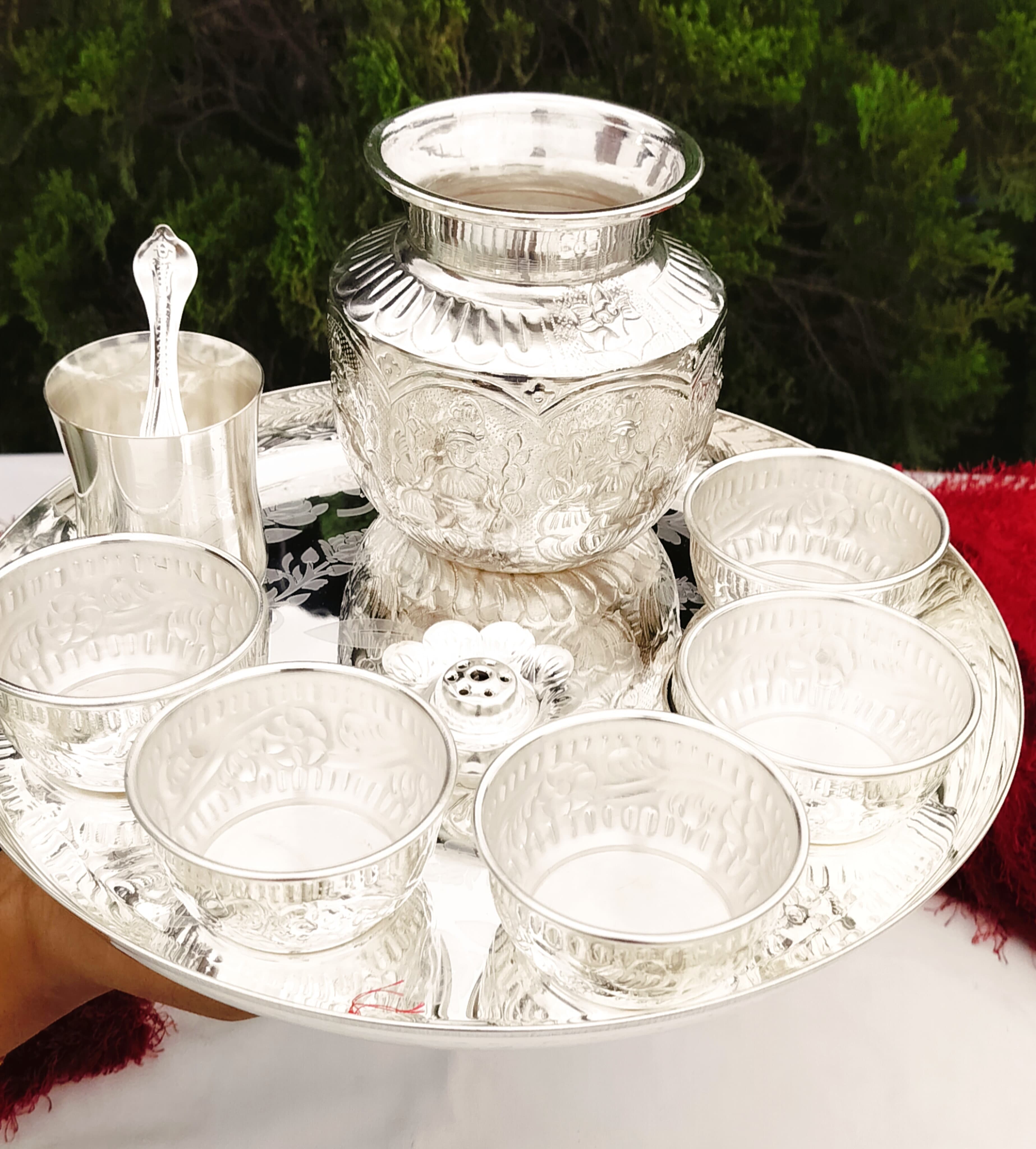 German Silver 9 Pieces Pooja Thali Set with Traditional Accessories | Puja Plate for Housewarming, Diwali Pooja, Festivals & Spiritual Gifting | Religious Gift Item