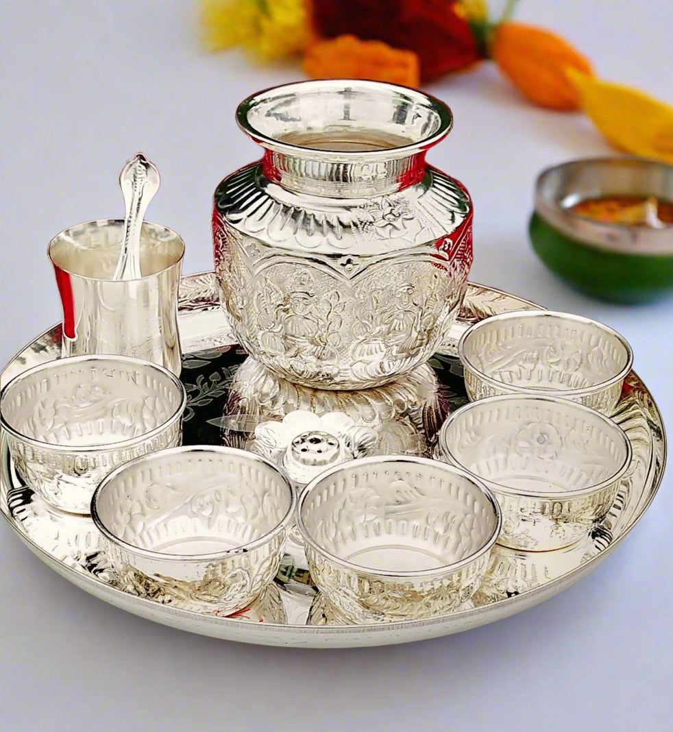 German Silver Pooja thali Set 9 Pieces